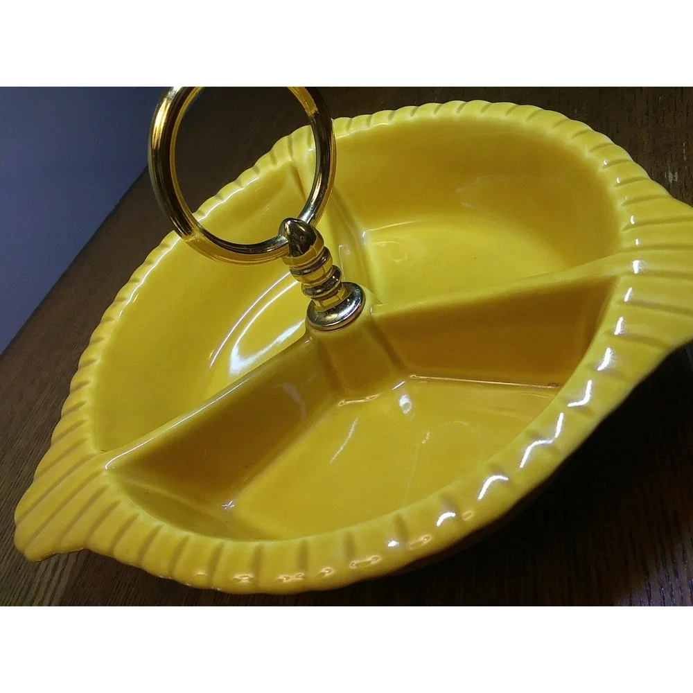 California Pottery USA VTG Gold Yellow Divided Condiment Nut Dish 7.75x2 Gift